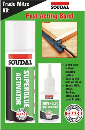 Soudal Mitre Kit TR creates a clean, strong mitre joint bond – Perfect for cornices, skirting, and window frames