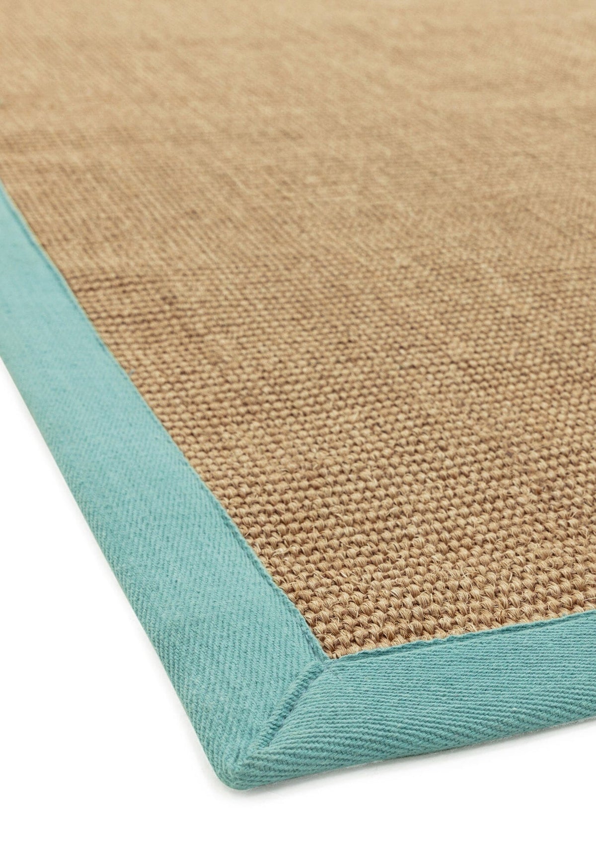 Natural fibre rug with pastel aqua cotton trim