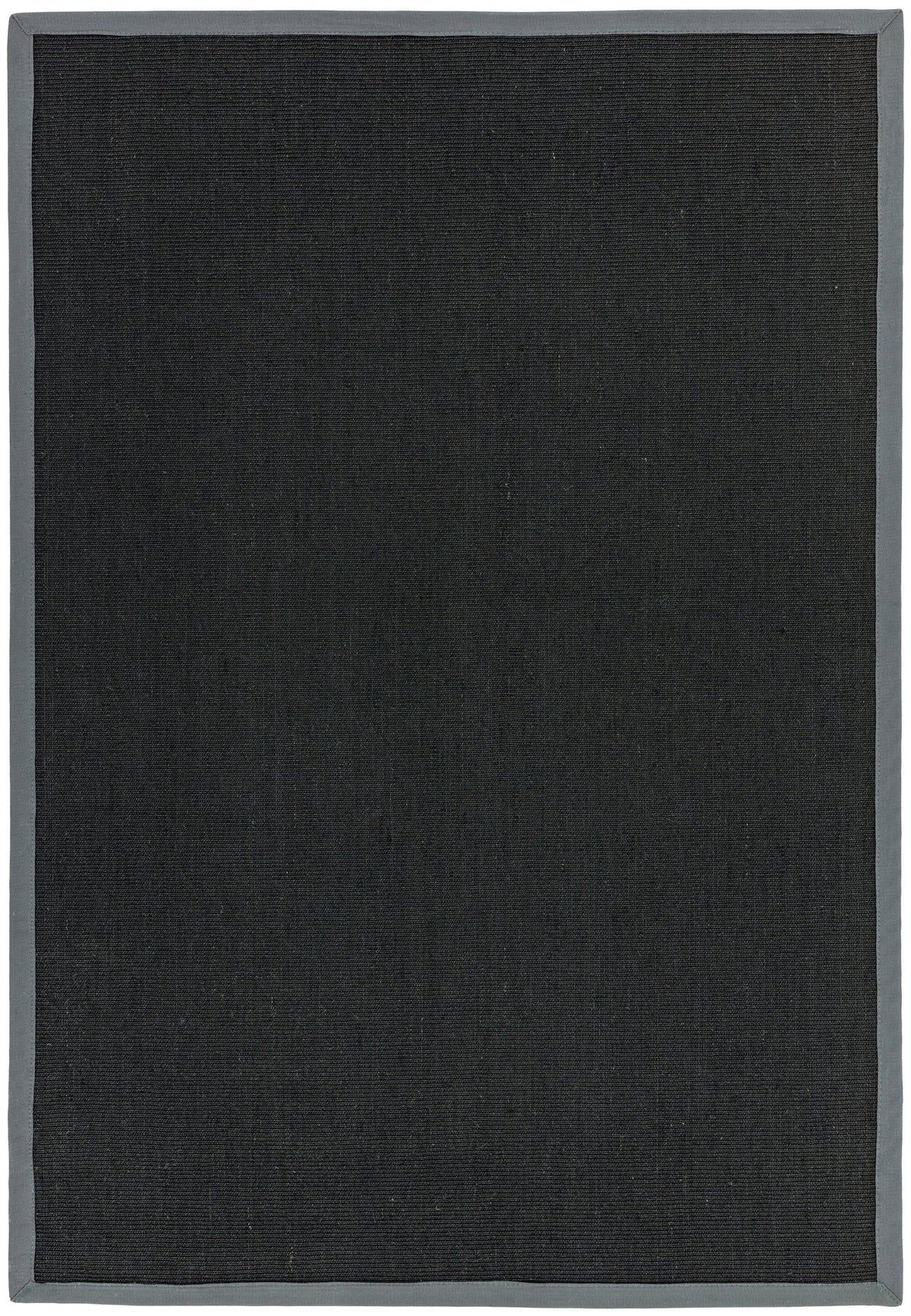 Flatwoven black rug with grey hand-stitched edge